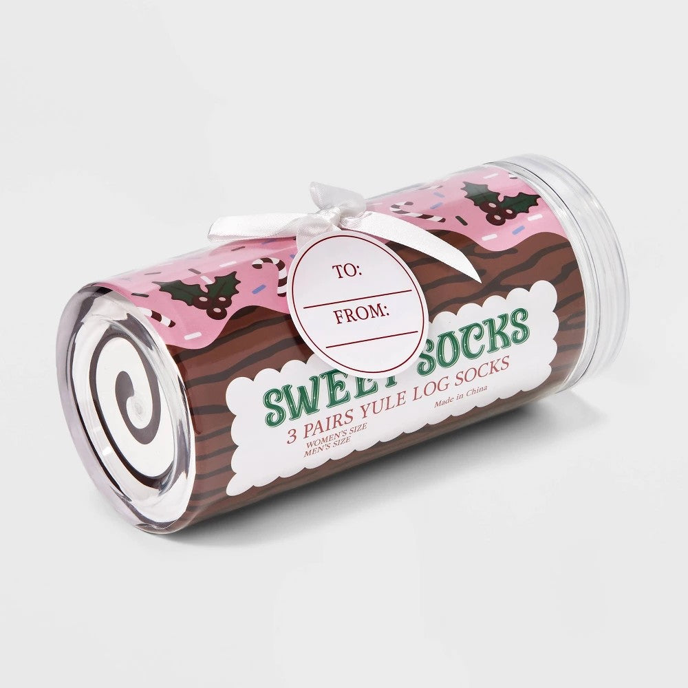 Adult Yule Log 3pk Crew Socks - Brown/Ivory/Pink One Size Fits Most - Bellso